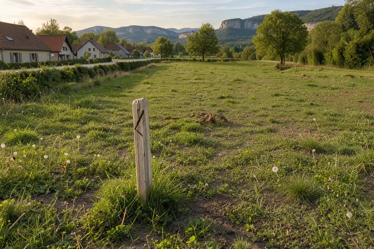Symbolbild: unbebautes Wiesengrundstück mit Vermessungspflock, im Hintergrund Sandsteinfelsen