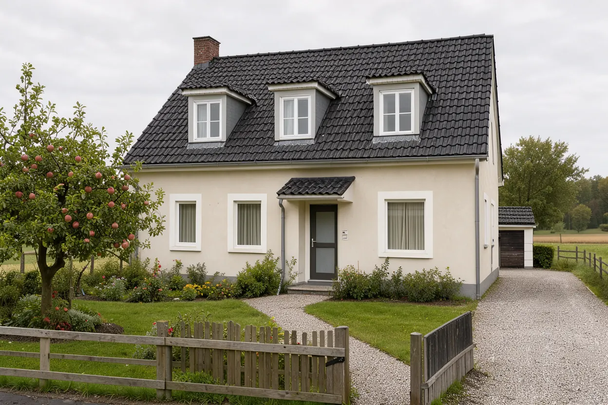 Symbolbild: freistehendes Einfamilienhaus mit Satteldach, Vorgarten und Obstbaum