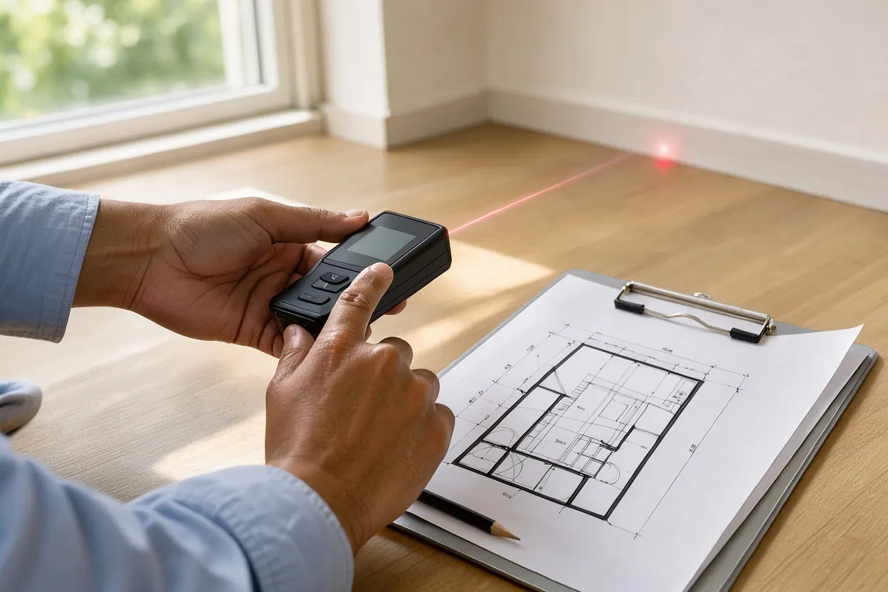 Symbolbild: Hände messen einen Raum mit Laser-Entfernungsmesser neben einem Grundriss