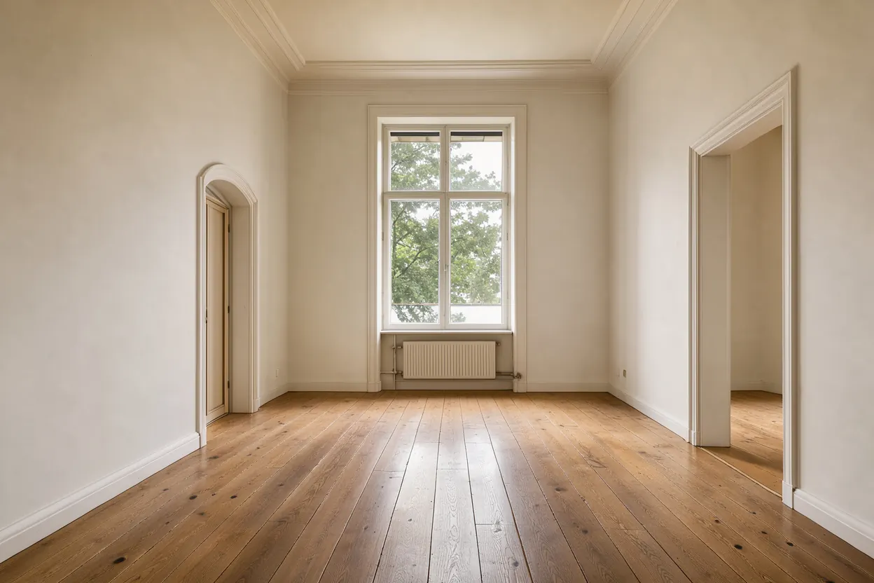Symbolbild: heller, leerer Wohnraum einer sanierten Altbauwohnung mit Dielenboden