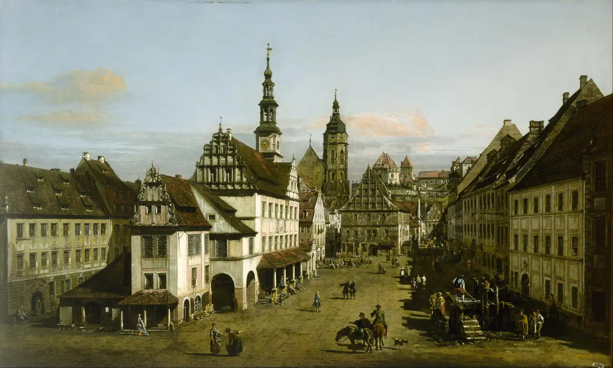Marktplatz von Pirna mit Rathaus und Marienkirche, Gemälde von Bernardo Bellotto, 1764